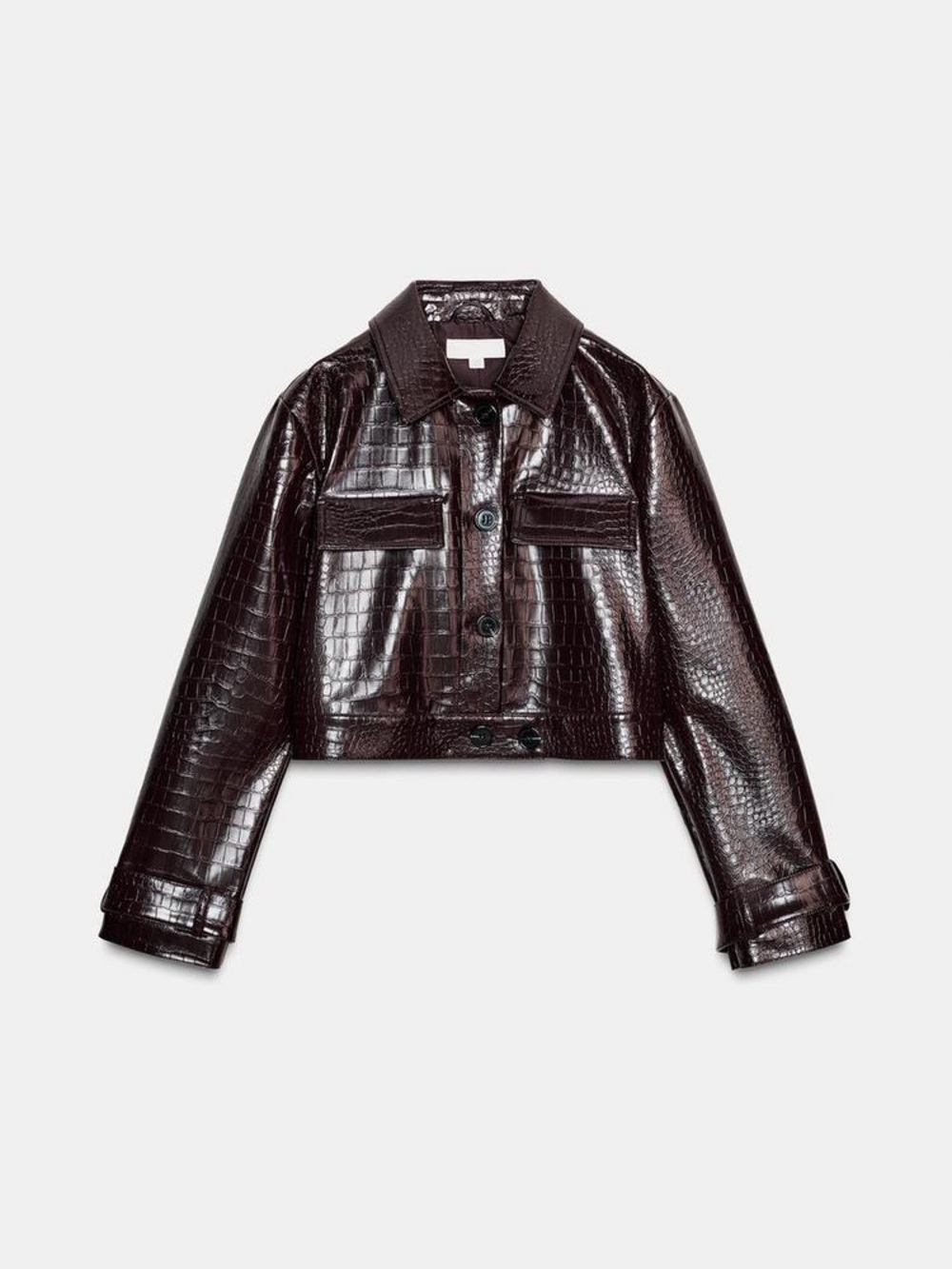 NWOT. Zara Brown Croc-Embossed Faux Leather Cropped Jacket. Size M.
